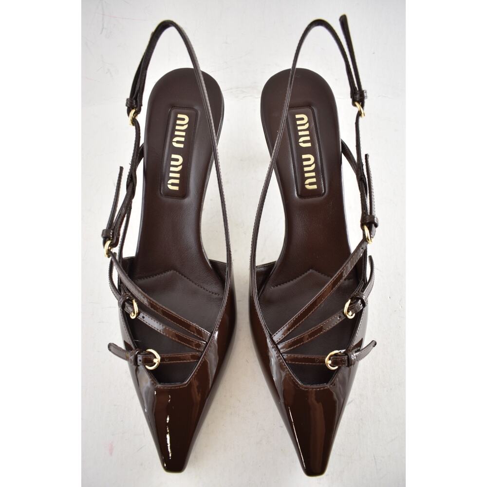 Miu Miu 55 Cacao Brown Patent Buckle Trio Pointed Slingback Kitten Heel Pump 38 - Picture 8 of 16